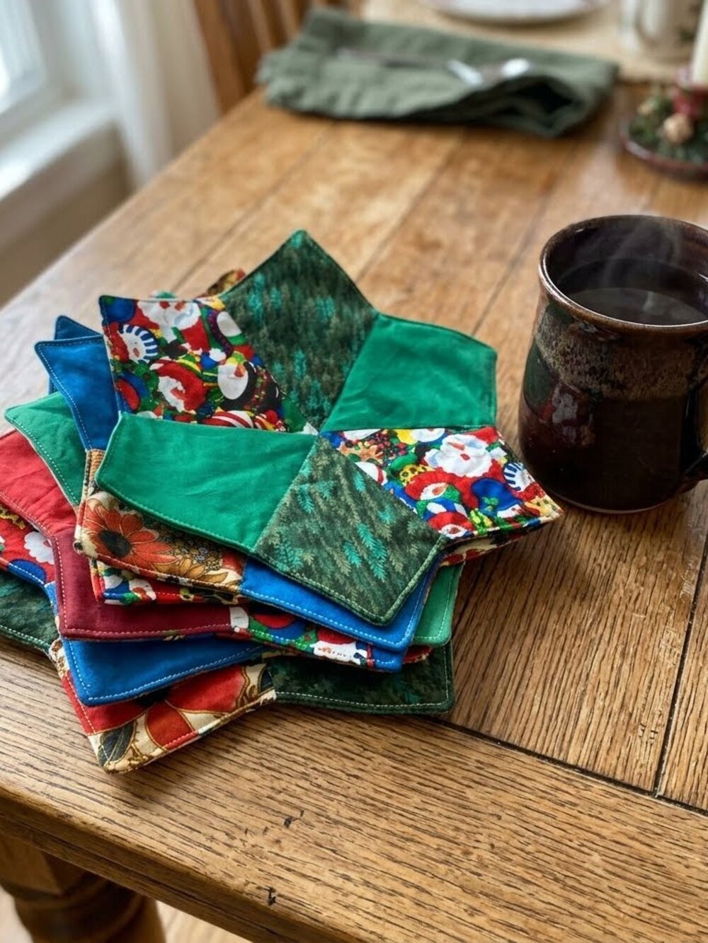 6 Handmade Quilted Star Shaped Christmas Mug Mats Coasters